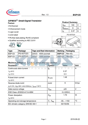 BSP123_10 datasheet - SIPMOS Small-Signal-Transistor