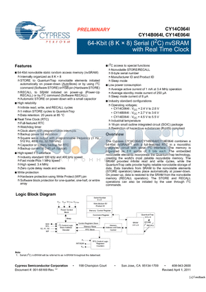 CY14C064I datasheet - 64-Kbit (8 K x 8) Serial (I2C) nvSRAM with Real Time Clock