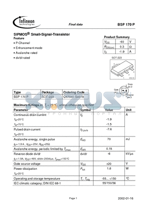 BSP170P datasheet - SIPMOS Small-Signal-Transistor