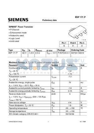BSP171P datasheet - SIPMOS Power Transistor (P-Channel Enhancement mode Avalanche rated Logic Level dv/dt rated)