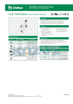 0312.125HXCCP datasheet - 312/318 Series Lead-Free 3AG, Fast-Acting Fuse