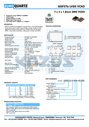 3GDF576E-80T-60.000 datasheet - 7 x 5 x 1.8mm SMD VCXO