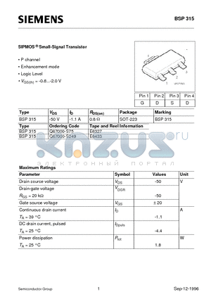 BSP315 datasheet - SIPMOS Small-Signal Transistor (P channel Enhancement mode Logic Level)