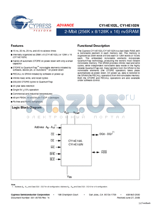 CY14E102L-ZSP45XIT datasheet - 2-Mbit (256K x 8/128K x 16) nvSRAM