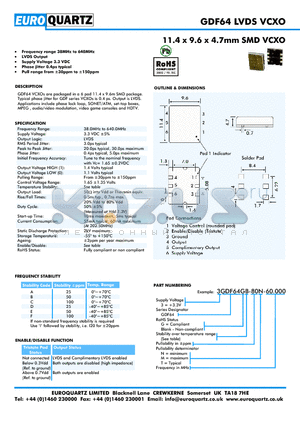 3GDF64GA-80M-60.000 datasheet - 11.4 x 9.6 x 4.7mm SMD VCXO