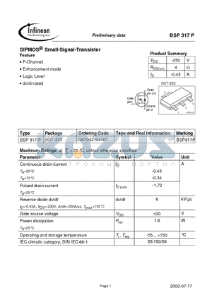 BSP317P datasheet - SIPMOS Small-Signal-Transistor