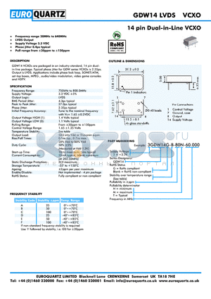 3GDW14-B-80M-60.000 datasheet - 14 pin Dual-in-Line VCXO