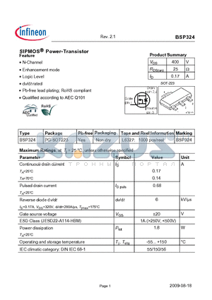 BSP324 datasheet - SIPMOS Power-Transistor