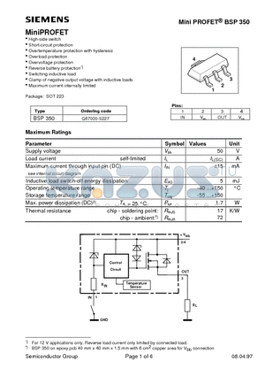 BSP350 datasheet - MiniPROFET(High-side switch Short-circuit protection Overtemperature protection with hysteresis)