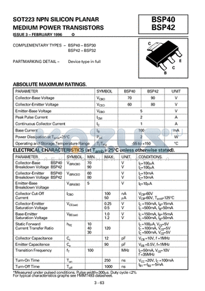 BSP40 datasheet - SOT223 NPN SILICON PLANAR MEDIUM POWER TRANSISTORS