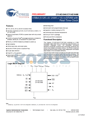 CY14E104K-ZSP20XI datasheet - 4 Mbit (512K x 8 / 256K x 16) nvSRAM with Real-Time-Clock