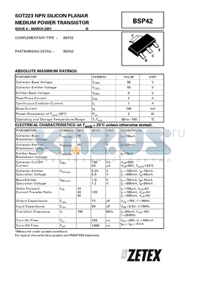 BSP42 datasheet - NPN SILICON PLANAR MEDIUM POWER TRANSISTOR