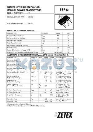 BSP43 datasheet - NPN SILICON PLANAR MEDIUM POWER TRANSISTORS