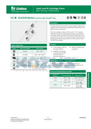 0313.031MXP datasheet - 313/315 Series Lead-Free 3AG, Slo-Blo^ Fuse