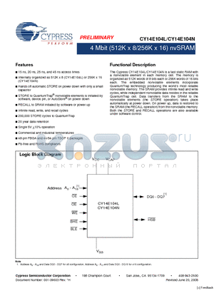 CY14E104L-BA25XIT datasheet - 4 Mbit (512K x 8/256K x 16) nvSRAM