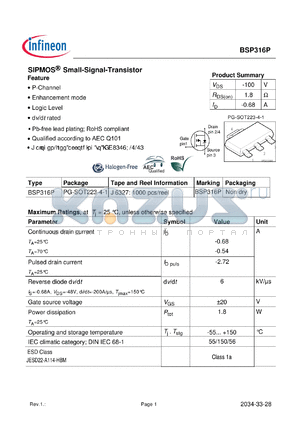 BSP316PE6327 datasheet - SIPMOS Small-Signal-Transistor Feature