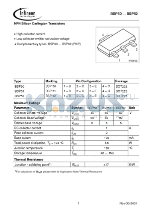 BSP50 datasheet - NPN Silicon Darlington Transistors