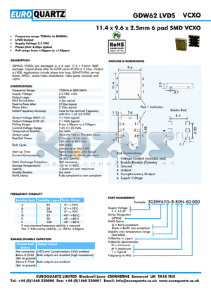3GDW62-D-80T-60.000 datasheet - 11.4 x 9.6 x 2.5mm 6 pad SMD VCXO