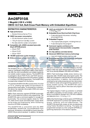 AM28F010A datasheet - 1 Megabit (128 K x 8-Bit) CMOS 12.0 Volt, Bulk Erase Flash Memory with Embedded Algorithms