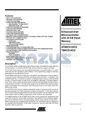 AT89C51AC2-SLSUM datasheet - Enhanced 8-bit Microcontroller with 32 KB Flash Memory