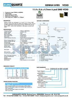 3GDW64-E-80N-60.000 datasheet - 11.4 x 9.6 x 4.7mm 6 pad SMD VCXO