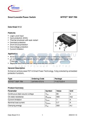 BSP75N datasheet - Smart Lowside Power Switch