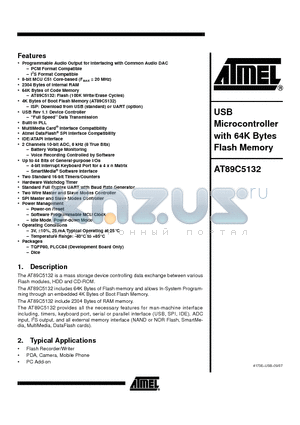 AT89C5132-ROTUL datasheet - USB Microcontroller with 64K Bytes Flash Memory