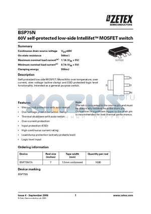 BSP75NTA datasheet - 60V self-protected low-side IntellifetTM MOSFET switch