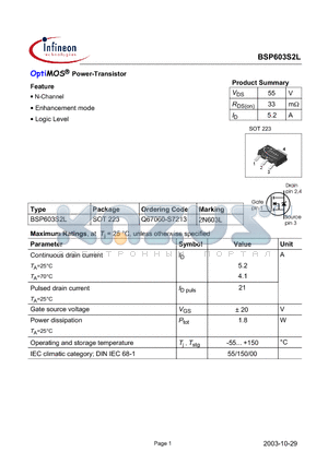 BSP603S2L datasheet - OptiMOS Power-Transistor