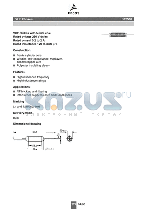 B82114-R-A4 datasheet - VHF chokes for power line applications Rated voltage 500 V dc/ac Rated current max. 1 A