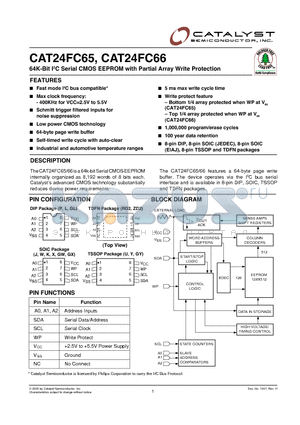 CAT24FC65JA-1.8TE13 datasheet - 64K-Bit I2C Serial CMOS EEPROM with Partial Array Write Protection