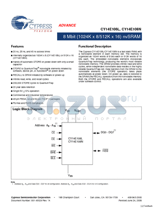 CY14E108L datasheet - 8 Mbit (1024K x 8/512K x 16) nvSRAM