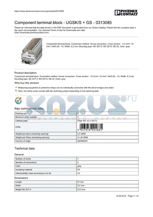 0313085 datasheet - Component terminal block - UGSK/S  GS - 0313085