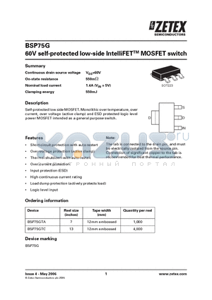 BSP75G datasheet - 60V self-protected low-side IntelliFETTM MOSFET switch