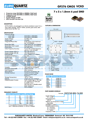 3GF576D-80N-76.000 datasheet - 7 x 5 x 1.8mm 6 pad SMD