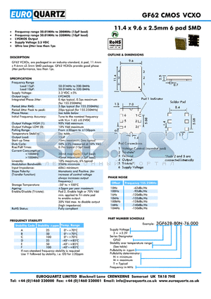 3GF62A-80T-76.000 datasheet - 11.4 x 9.6 x 2.5mm 6 pad SMD