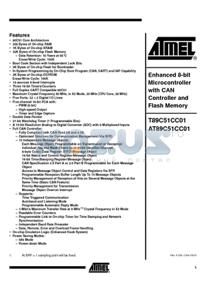 AT89C51CC01 datasheet - Enhanced 8-bit Microcontroller with CAN Controller and Flash Memory