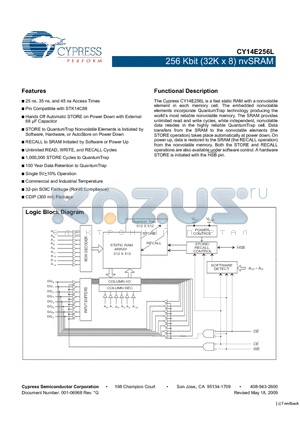 CY14E256L-SZ35XCT datasheet - 256 Kbit (32K x 8) nvSRAM