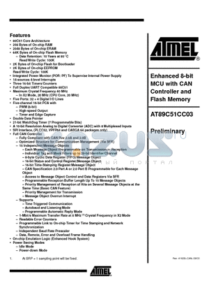 AT89C51CC03C-RLTIM datasheet - Enhanced 8-bit MCU with CAN Controller and Flash Memory