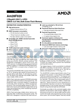 AM28F020-120JEB datasheet - 2 Megabit (256 K x 8-Bit) CMOS 12.0 Volt, Bulk Erase Flash Memory