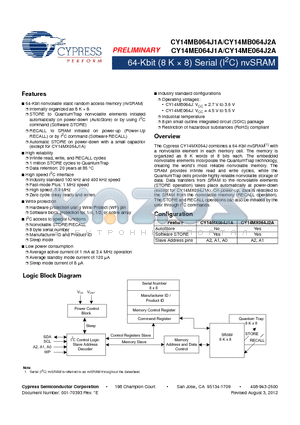 CY14MB064J1A-SXIT datasheet - 64-Kbit (8 K  8) Serial (I2C) nvSRAM