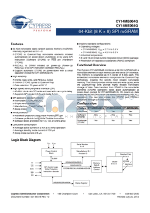 CY14MB064Q1A-SXIT datasheet - 64-Kbit (8 K  8) SPI nvSRAM