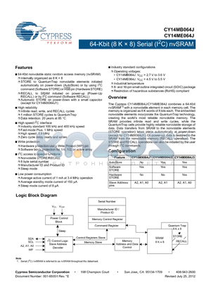 CY14ME064J2-SXI datasheet - 64-Kbit (8 K  8) Serial (I2C) nvSRAM