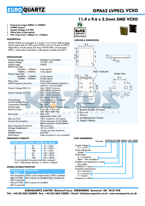 3GPA62B-80M-60.000 datasheet - 11.4 x 9.6 x 2.5mm SMD VCXO