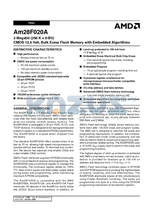 AM28F020A datasheet - 2 Megabit (256 K x 8-Bit) CMOS 12.0 Volt, Bulk Erase Flash Memory with Embedded Algorithms