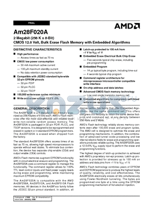 AM28F020A-120JE datasheet - 2 Megabit (256 K x 8-Bit) CMOS 12.0 Volt, Bulk Erase Flash Memory with Embedded Algorithms