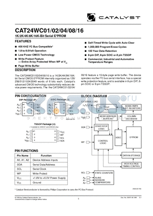 CAT24WC01JA-1.8TE13C datasheet - 1K/2K/4K/8K/16K-Bit Serial E2PROM