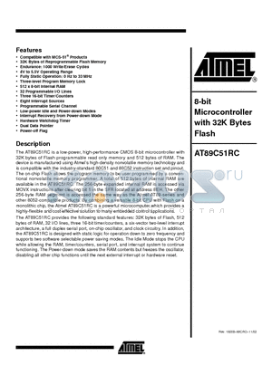 AT89C51RC-24AI datasheet - 8-bit Microcontroller with 32K Bytes Flash