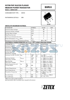 BSR33 datasheet - PNP SILICON PLANAR MEDIUM POWER TRANSISTOR