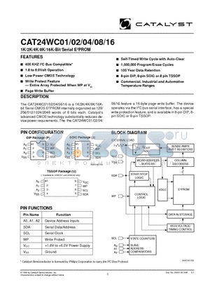 CAT24WC01R-TE13F datasheet - 1K/2K/4K/8K/16K-Bit Serial E2PROM